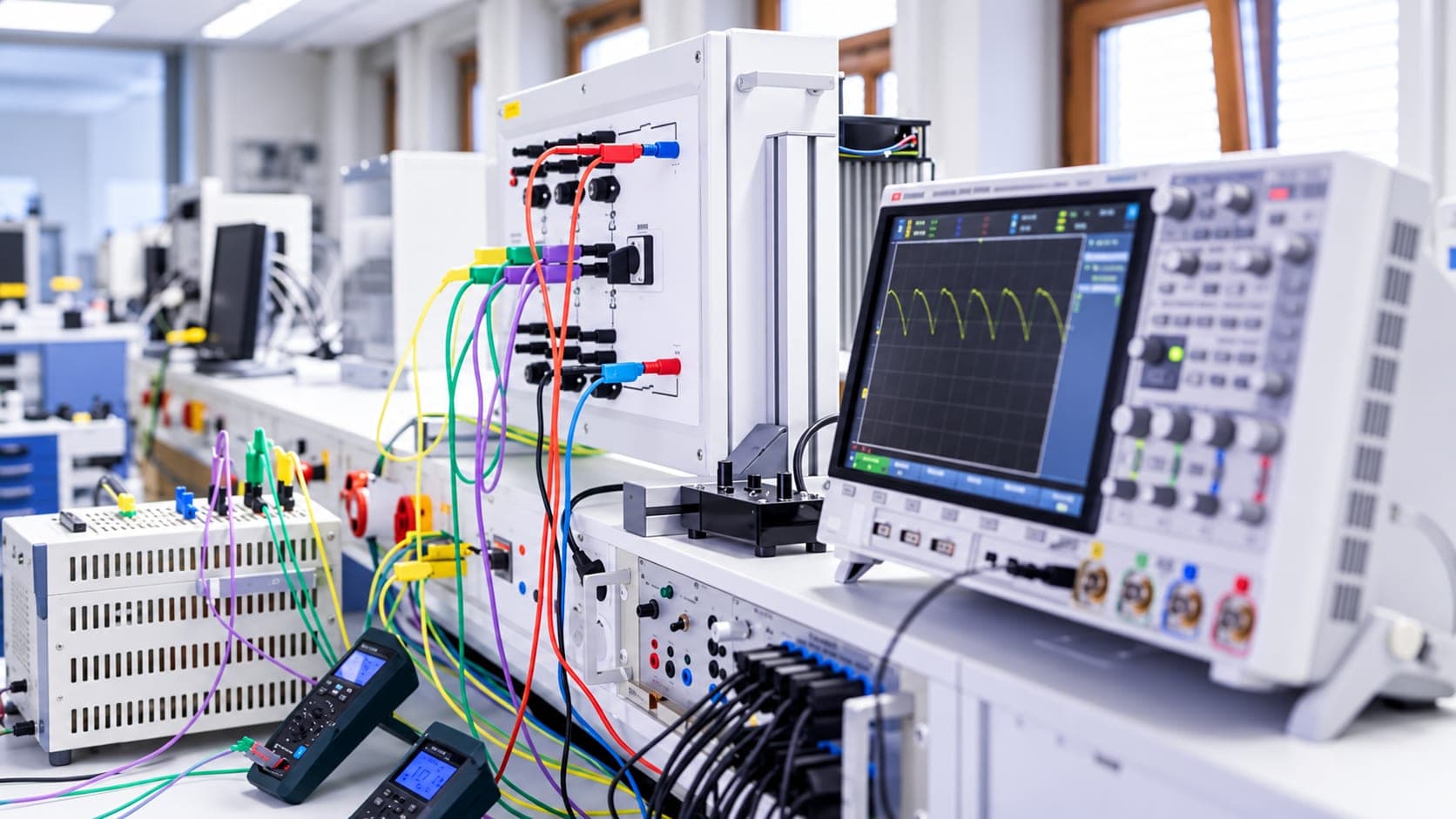 A power electronics teaching and research laboratory with grid simulator and OPAL-RT real-time digital simulator.