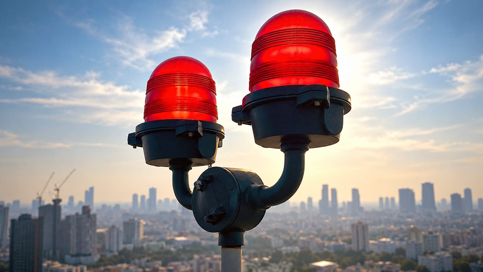 Aircraft warning lights on critical infrastructure structures in flying zones, compliant with UAE GCAA regulations.