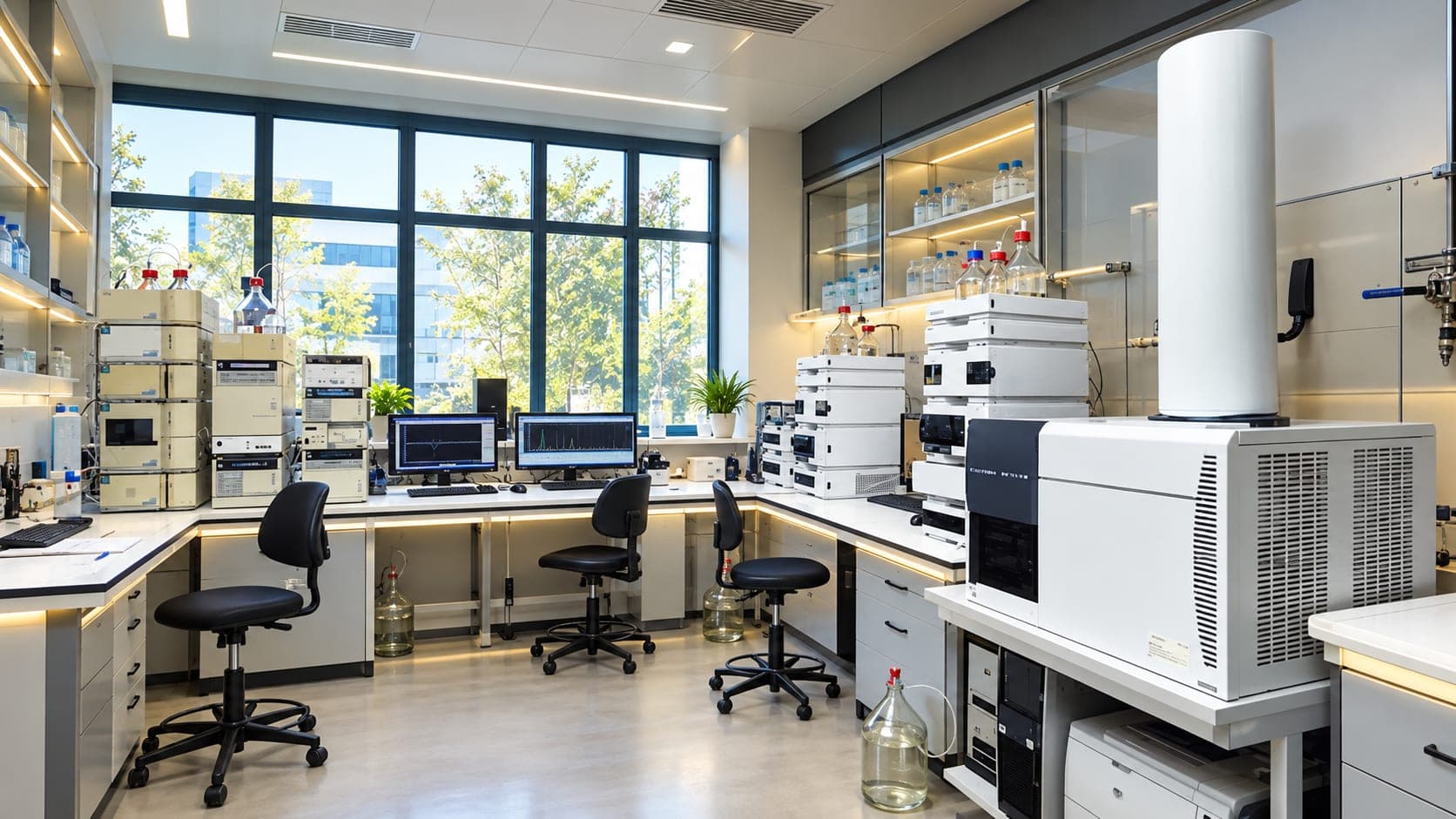 A modern chromatography laboratory workspace with analytical instruments.