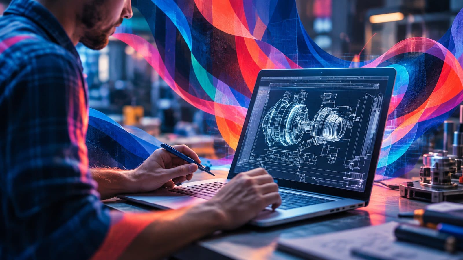 An engineer at a laptop working on a technical drawing of a machine assembly.