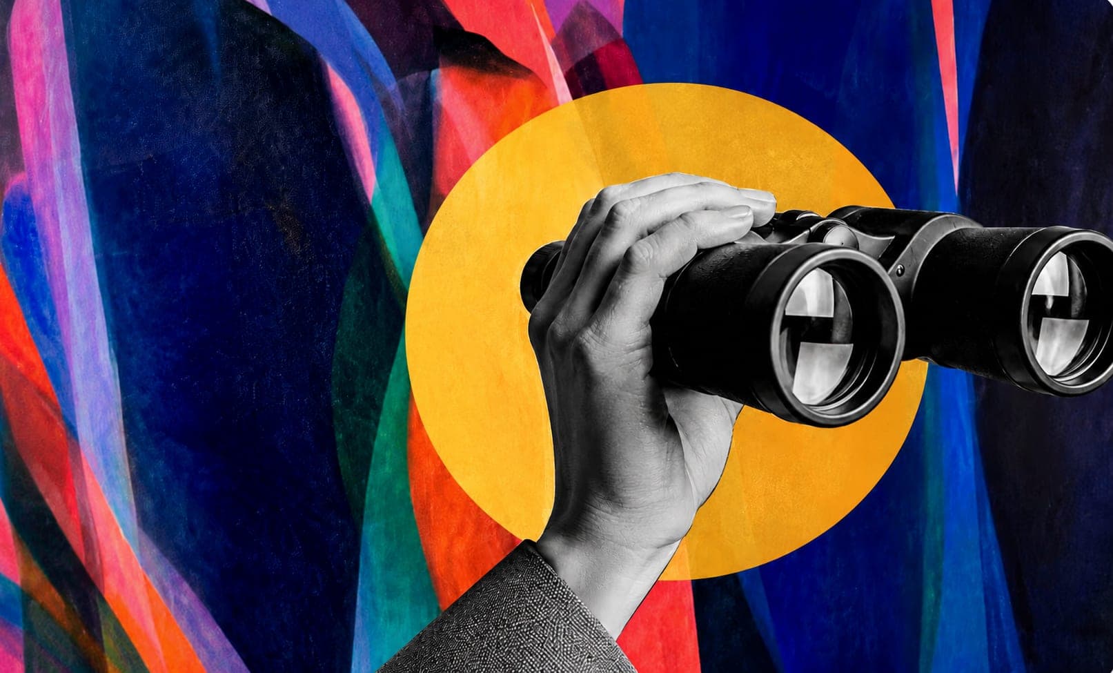 A hand raising binoculars against a colourful backdrop, with the word Discover.