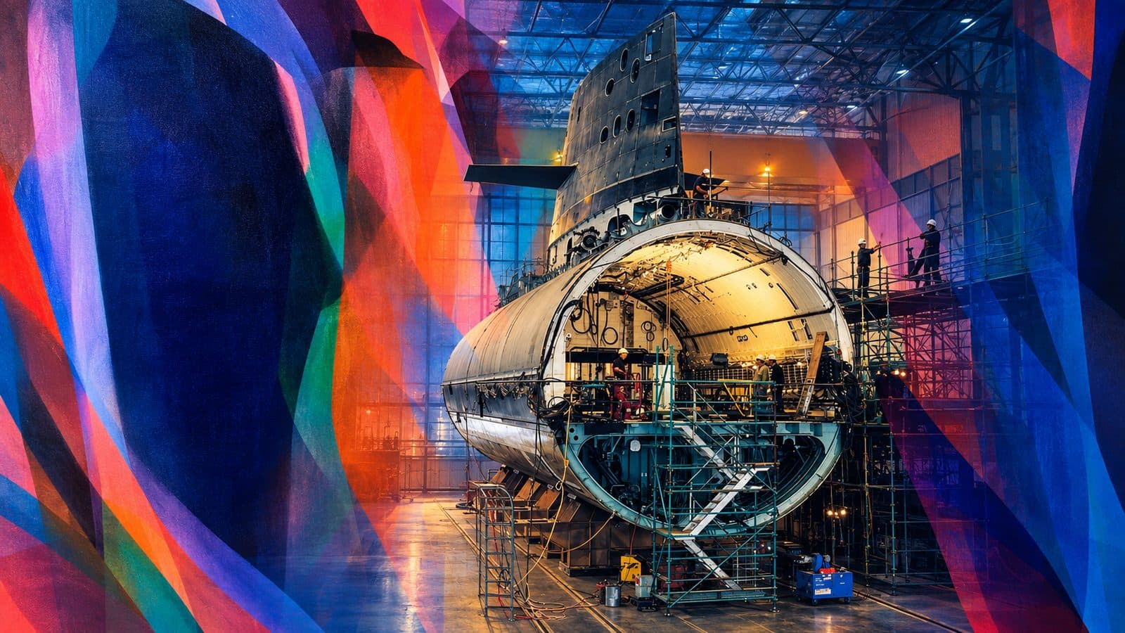 A submarine hull under construction in a shipyard hall, crew working on the scaffolding.