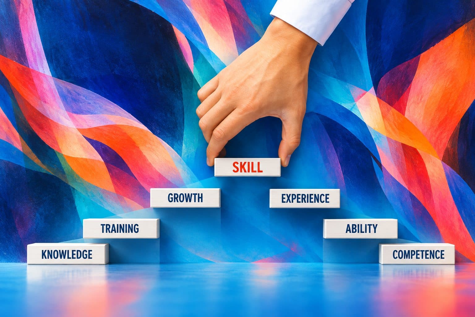 A hand placing the top block of a staircase reading knowledge, training, growth, skill.