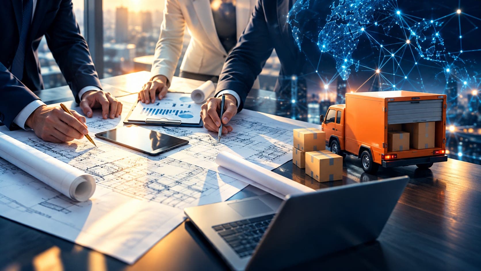 Two professionals reviewing blueprints at a desk alongside an orange delivery truck and a global logistics network overlay
