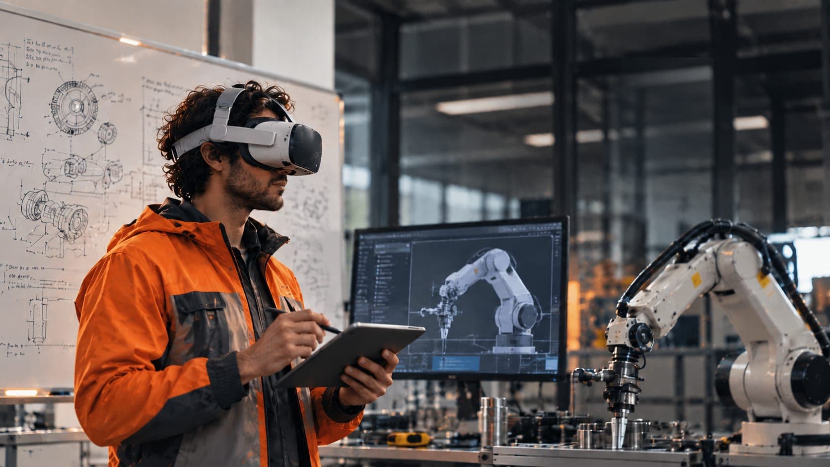 An engineer wearing a VR headset and holding a tablet, designing alongside a robotic arm in a precision manufacturing facility