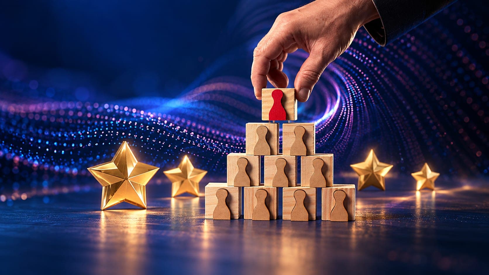 A hand placing a red leader figure at the apex of a pyramid of wooden blocks, surrounded by gold stars