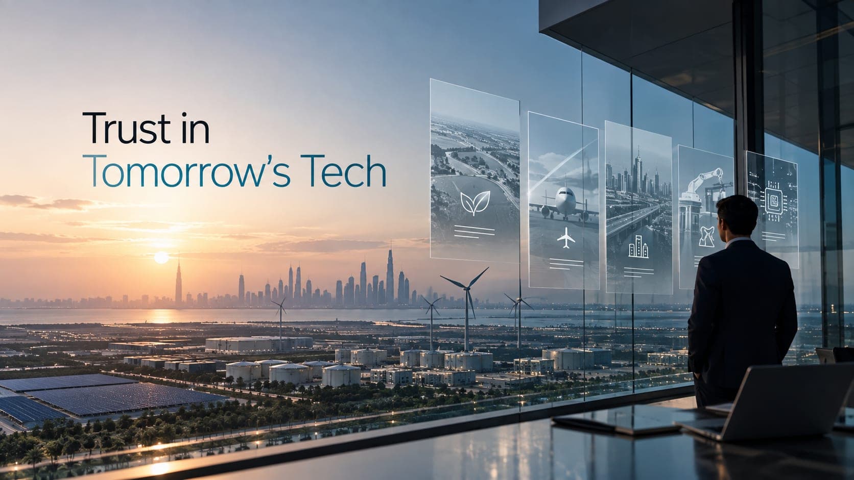 A professional overlooking the Dubai skyline through a glass wall displaying interconnected technology sector overlays