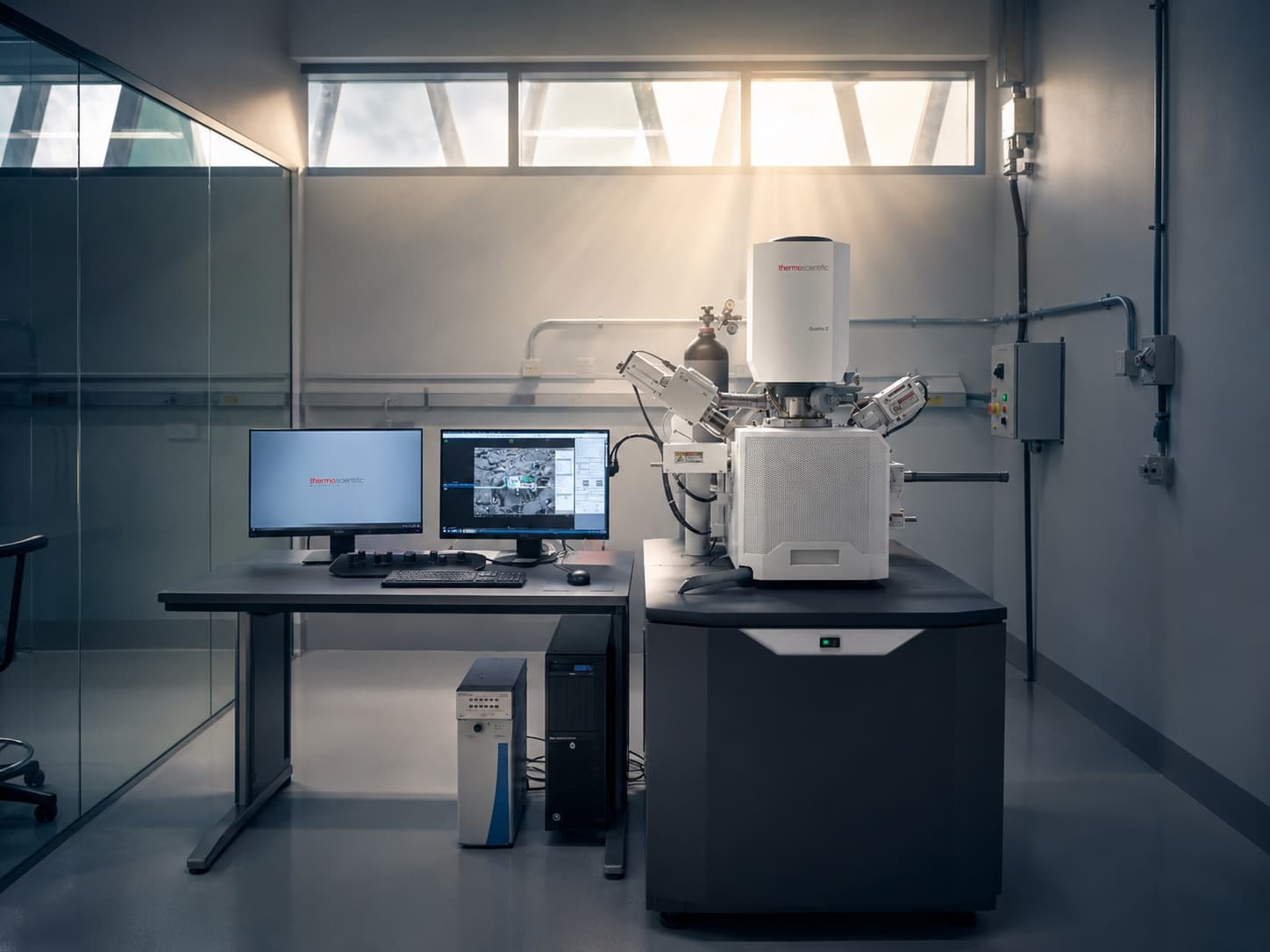 An engineer at a monitor beside a solar simulator test rig in a laboratory.